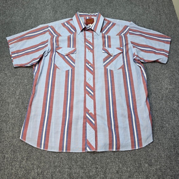 Rustler Mens XL Vintage Western Pearl Snap Shirt Short Sleeve Striped Blue Red - Picture 2 of 5